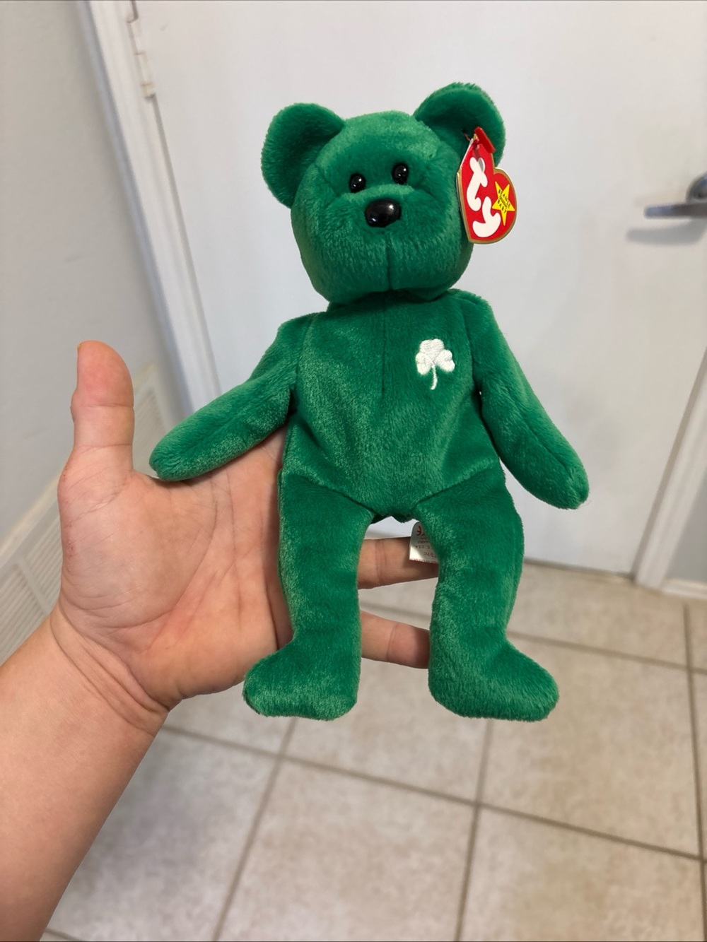 Ty Erin Beanie Baby Green Plush Bear with Shamrock - Kids Toy